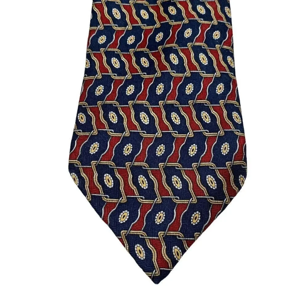 Geoffrey Beene Tie Men's Necktie Silk Geometric Maroon Blue Gold Silver USA